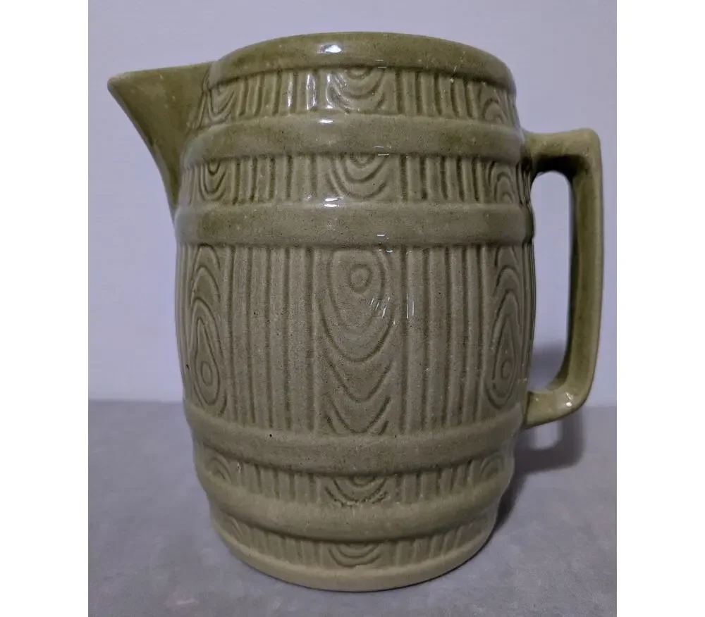 Vintage McCoy Pottery Green Barrel Pitcher Mid Century Stoneware Cider Jug 7.5
